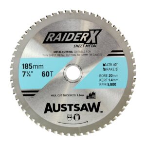 Austsaw RaiderX Sheet Metal Blade 185mm x 20 x 60T TCT