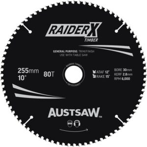 Austsaw RaiderX Timber Blade 255mm x 30 Bore x 25.4mm Bush 80 T Table Saw