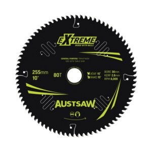 Austsaw Extreme: Wood with Nails Blade 255mm x 30 Bore x 80 T Thin Kerf