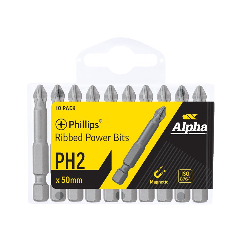 PH2 x 50mm Phillips Ribbed Power Bits - Handipack (x10)